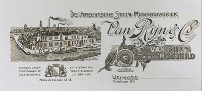 874810 Afbeelding van een briefhoofd van Van Rijn & Co. - De Utrechtsche Stoom Mosterdfabriek (U.S.M.F., Nieuwe Kade ...